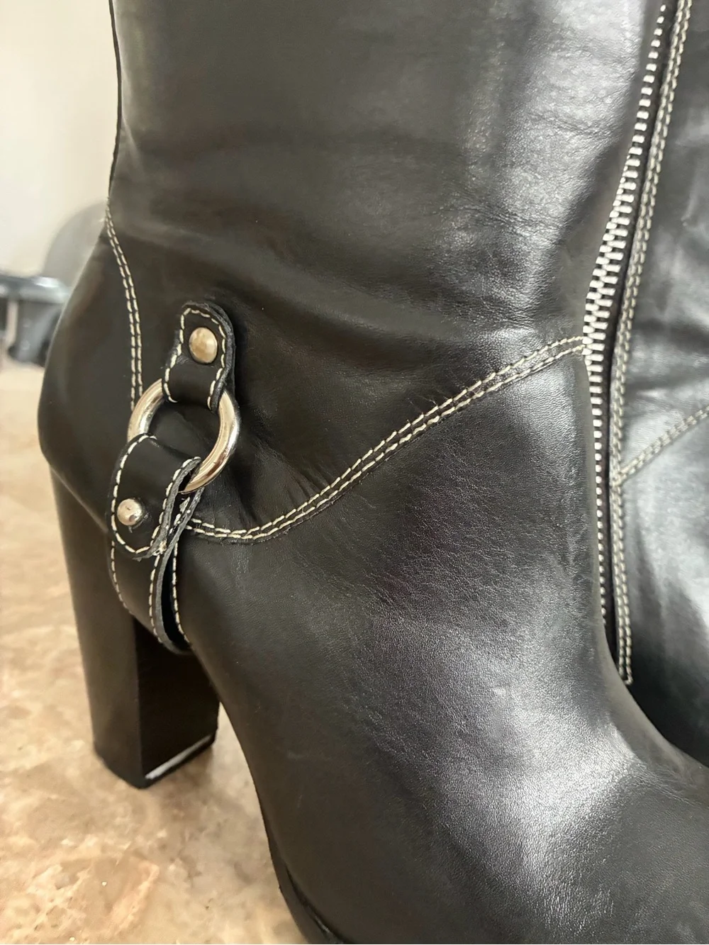Michael Kors Black Leather Tall Heeled Riding Boots with Silver Accent